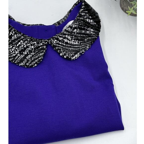 Milly Vintage Purple Blouse Black Sequin Collar Back Buttons Short Sleeve Sz SM - Picture 1 of 9